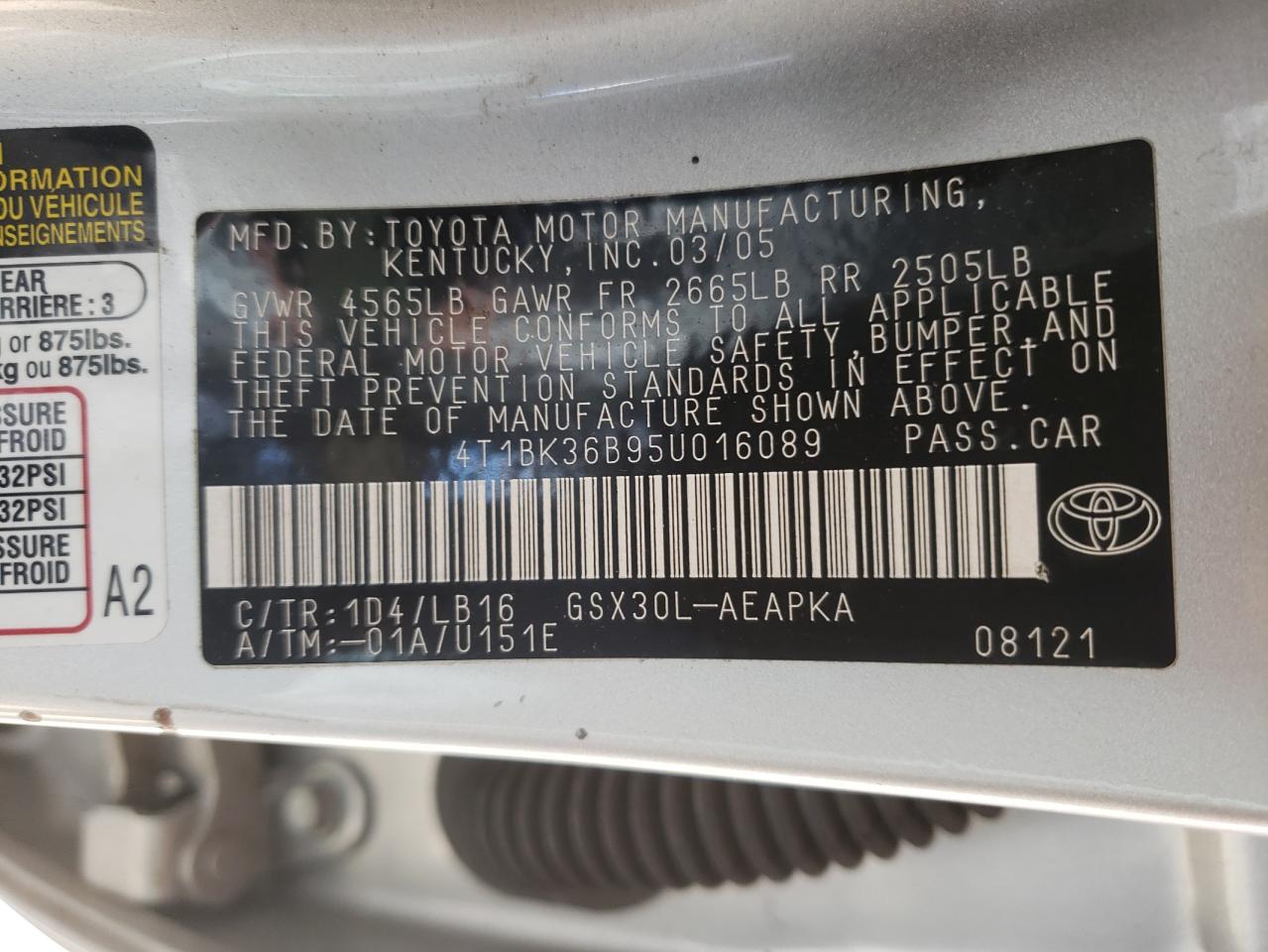 Photo 10 from auction – 2005 TOYOTA AVALON XL with VIN 4T1BK36B95U016089