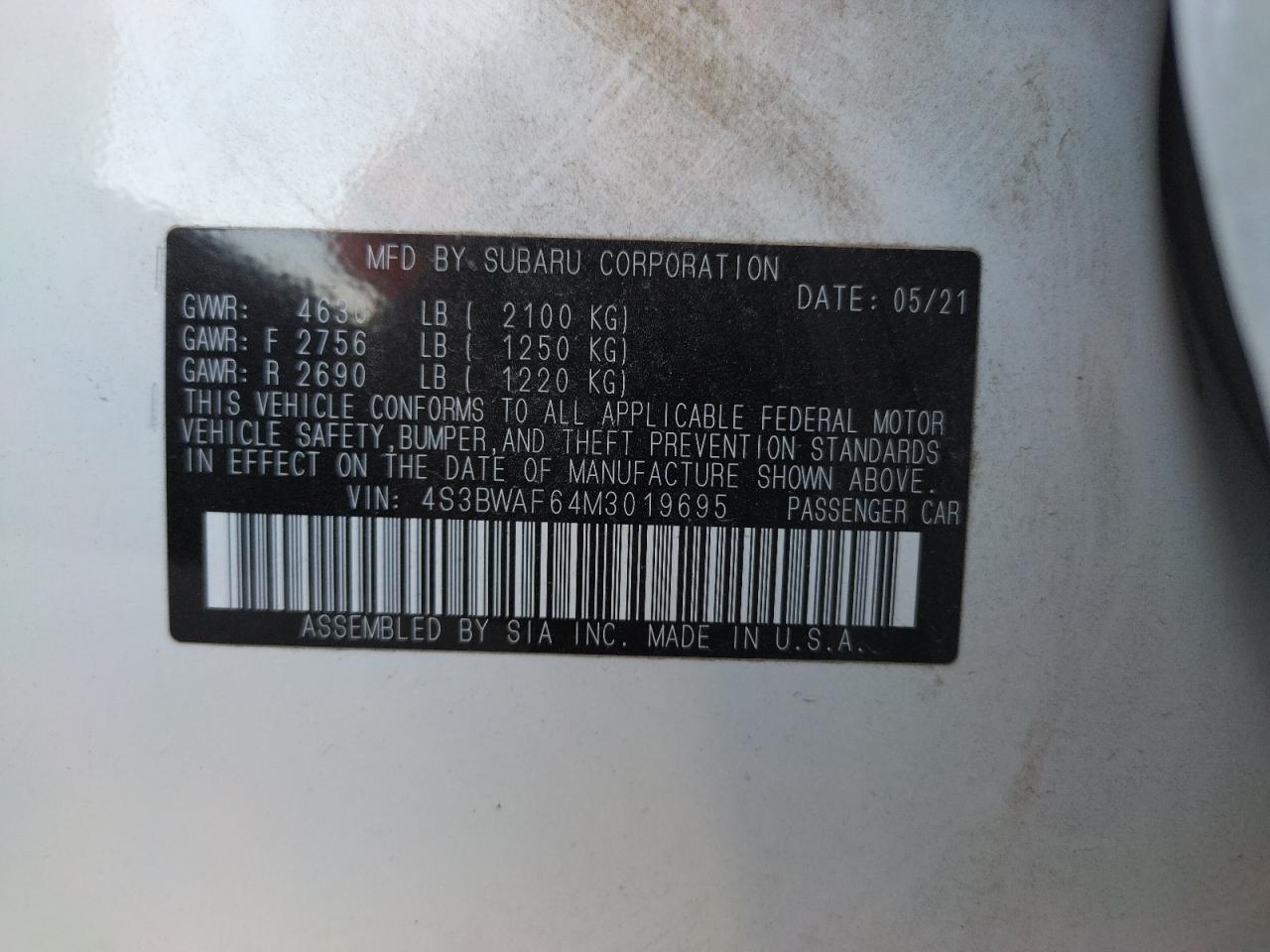 Photo 10 from auction – 2021 SUBARU LEGACY PRE with VIN 4S3BWAF64M3019695