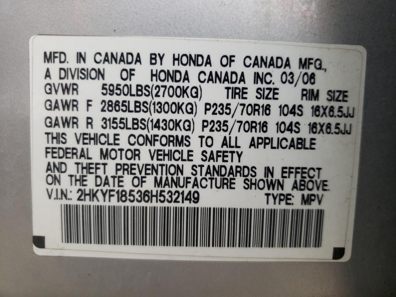 Photo 10 from auction – 2006 HONDA PILOT EX with VIN 2HKYF18536H532149