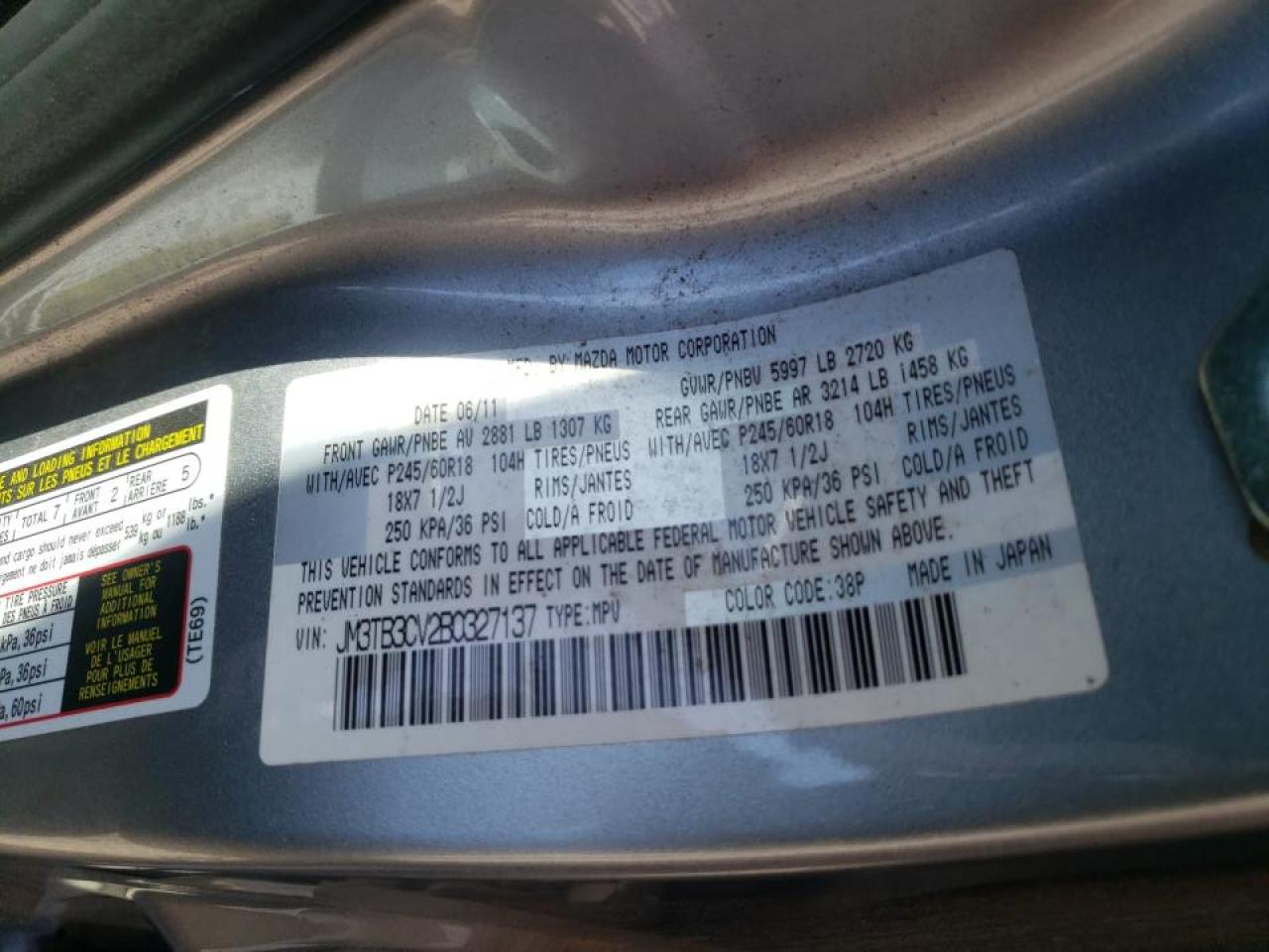 Photo 10 from auction – 2011 MAZDA CX-9 with VIN JM3TB3CV2B0327137