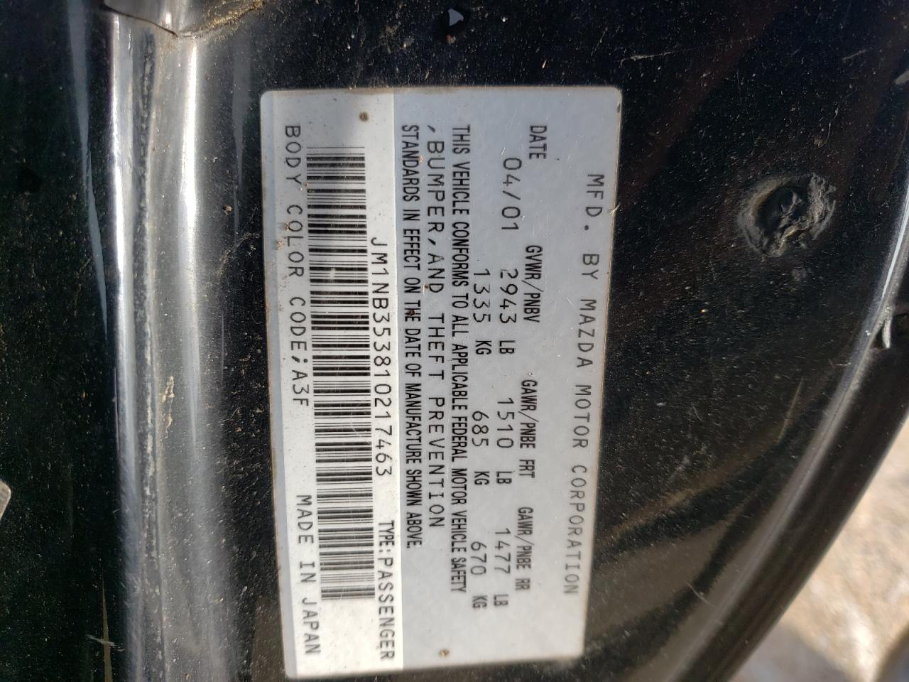 Photo 10 from auction – 2001 MAZDA MX-5 MIATA with VIN JM1NB353810217463