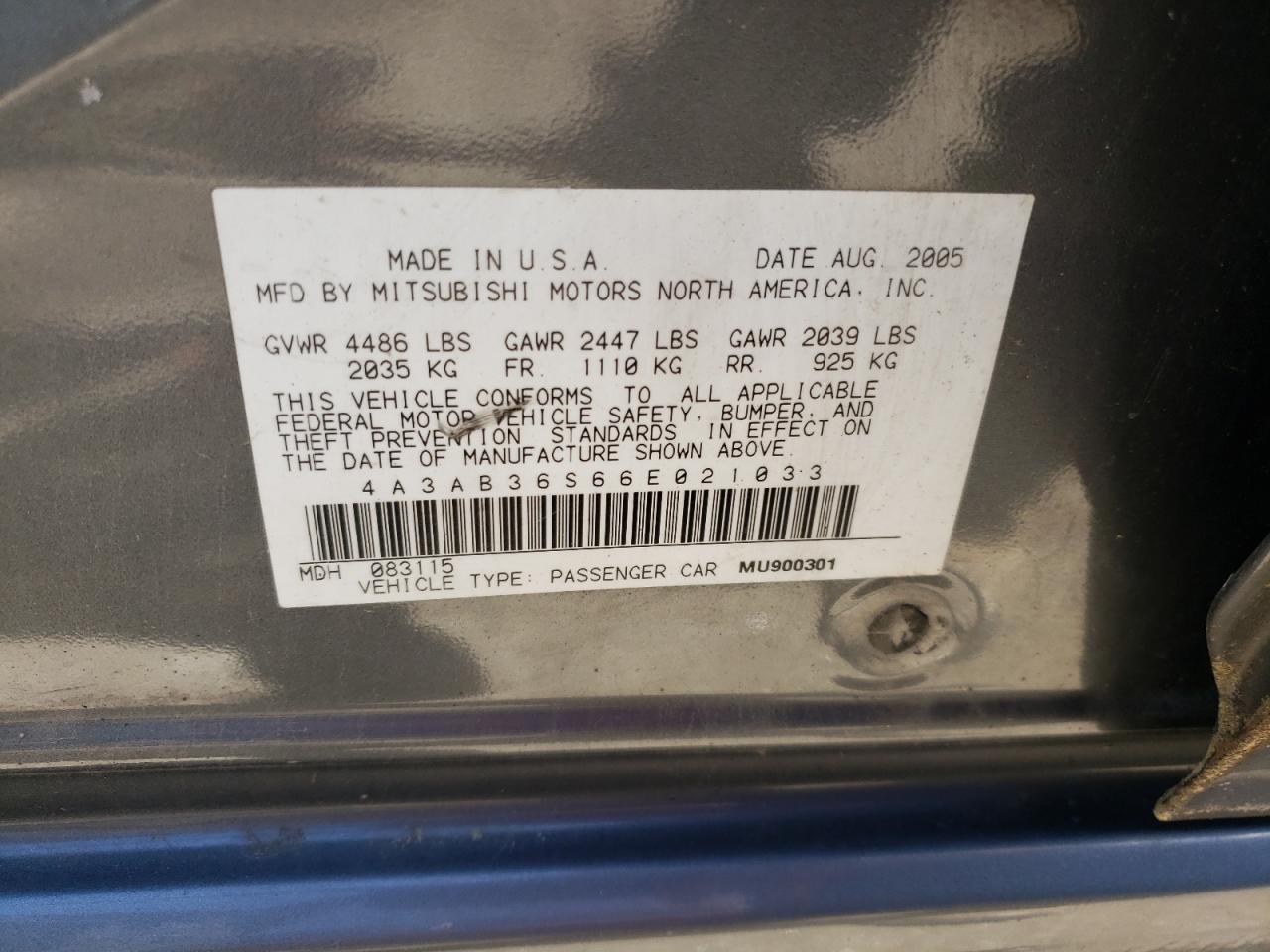 Photo 10 from auction – 2006 MITSUBISHI GALANT LS with VIN 4A3AB36S66E021033