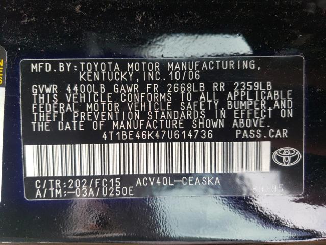 Photo 10 from auction – 2007 TOYOTA CAMRY CE with VIN 4T1BE46K47U614736