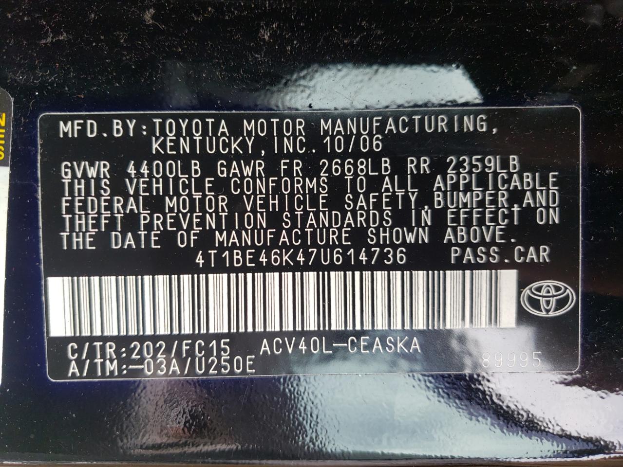 Photo 20 from auction – 2007 TOYOTA CAMRY CE with VIN 4T1BE46K47U614736