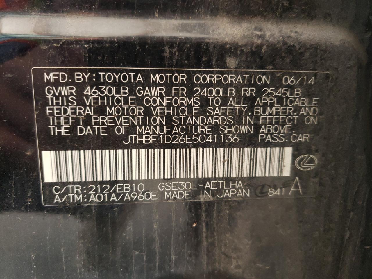 Photo 10 from auction – 2014 LEXUS IS 250 with VIN JTHBF1D26E5041136