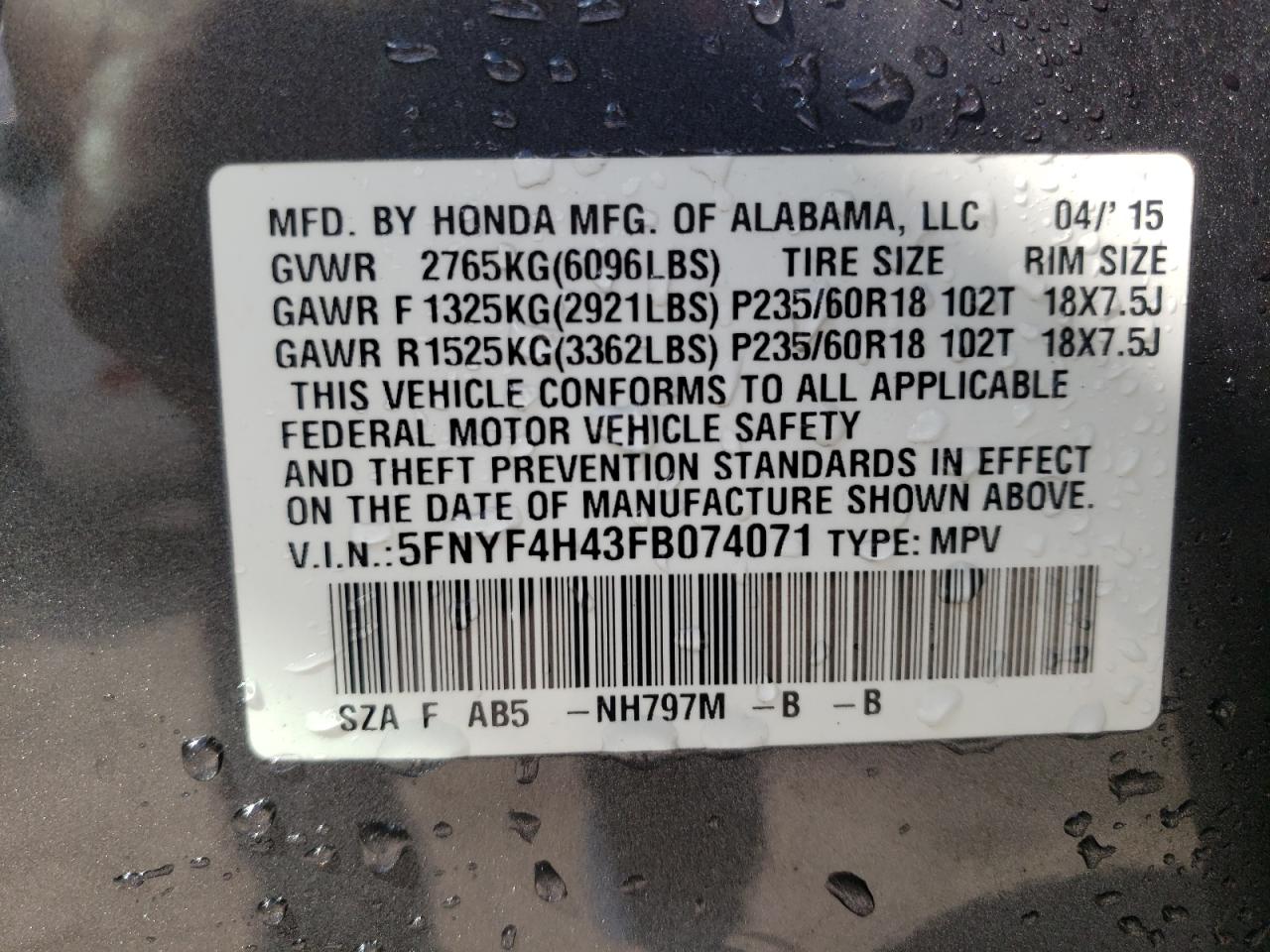Photo 10 from auction – 2015 HONDA PILOT EX with VIN 5FNYF4H43FB074071