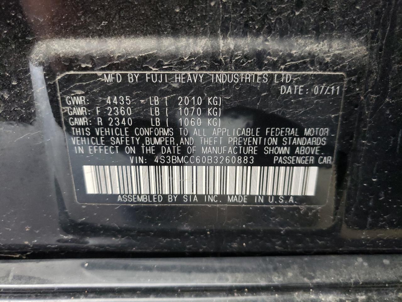 Photo 10 from auction – 2011 SUBARU LEGACY 2.5 with VIN 4S3BMCC60B3260883