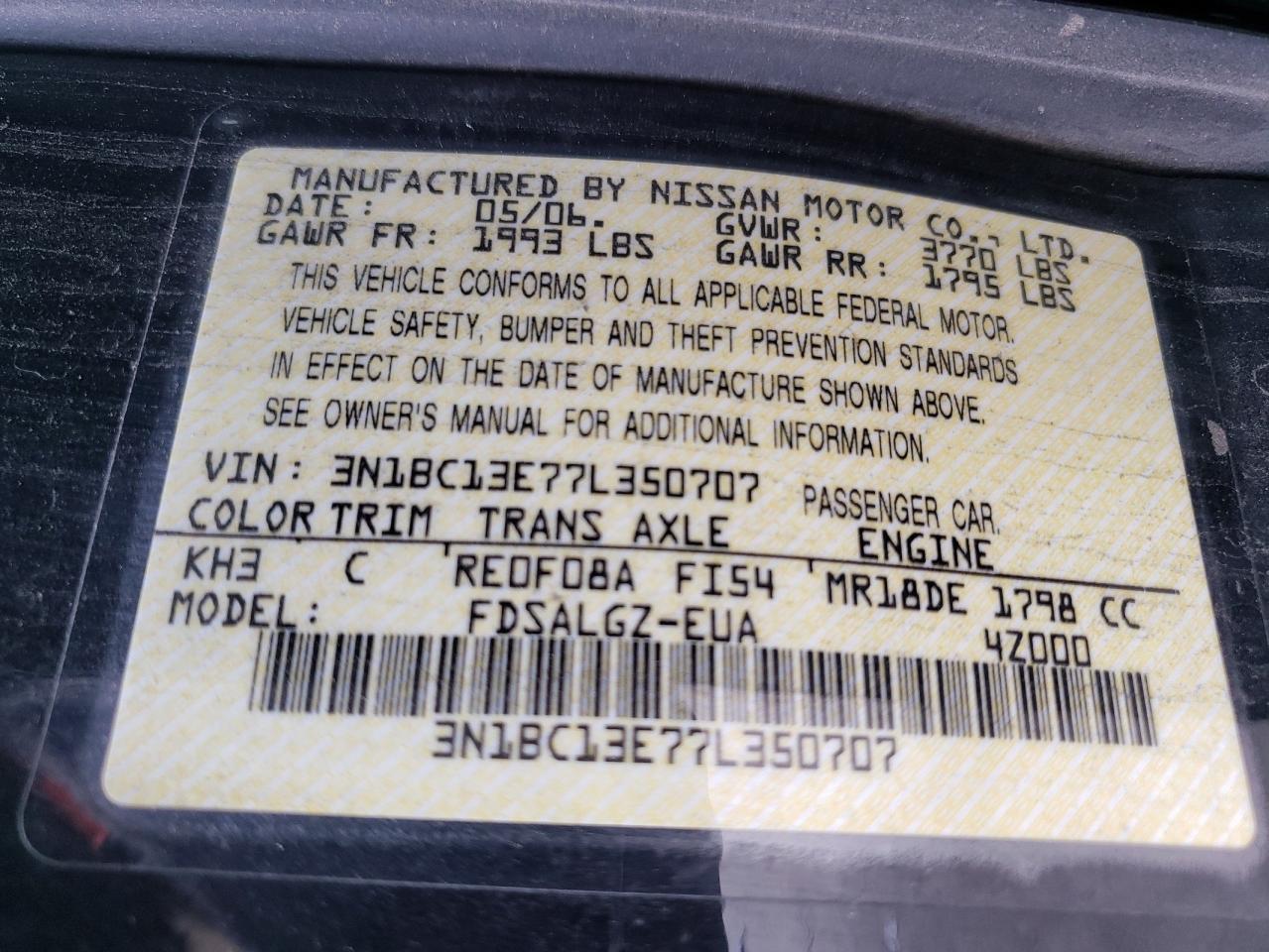 Photo 10 from auction – 2007 NISSAN VERSA S with VIN 3N1BC13E77L350707