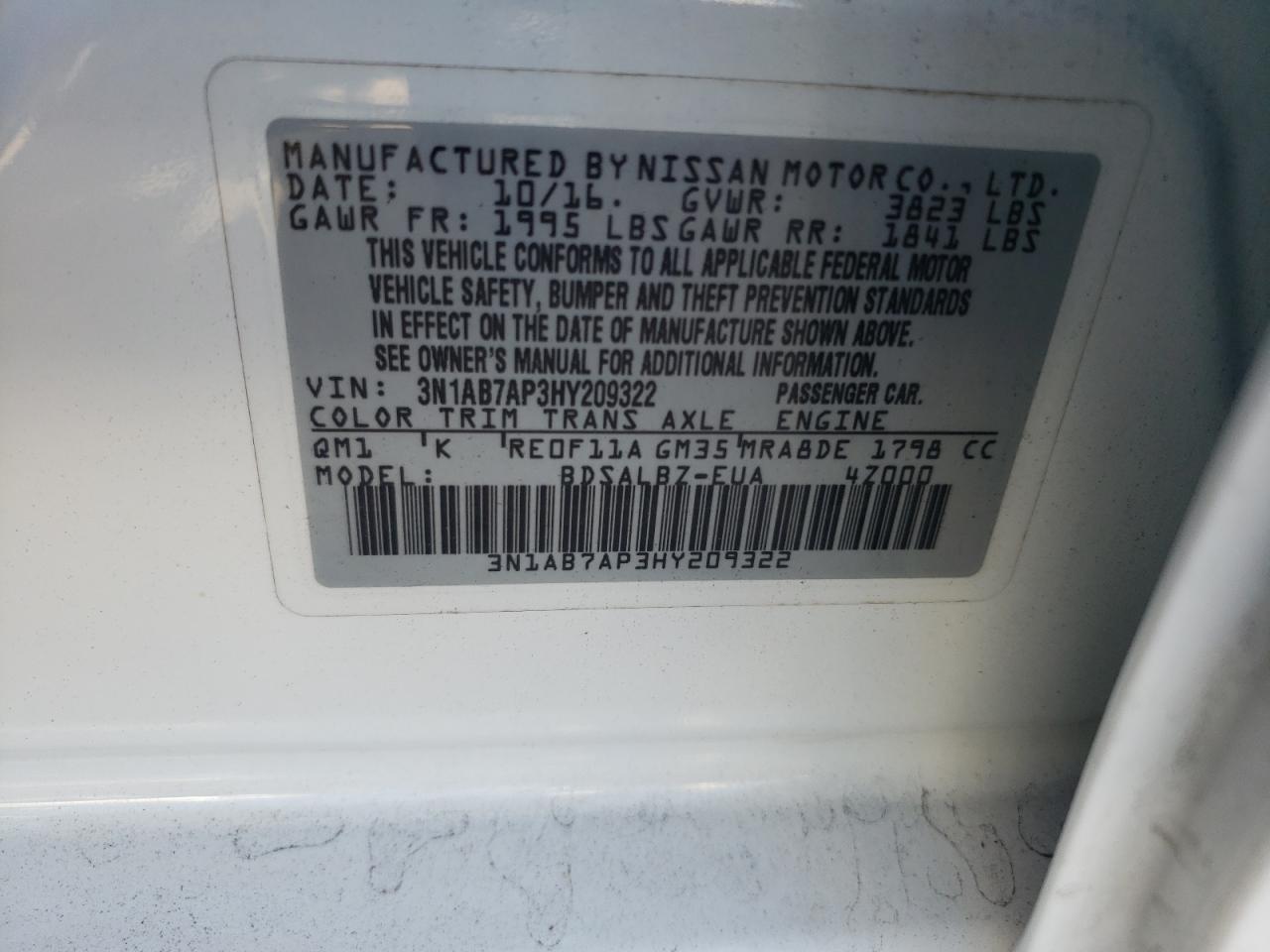 Photo 10 from auction – 2017 NISSAN SENTRA S with VIN 3N1AB7AP3HY209322