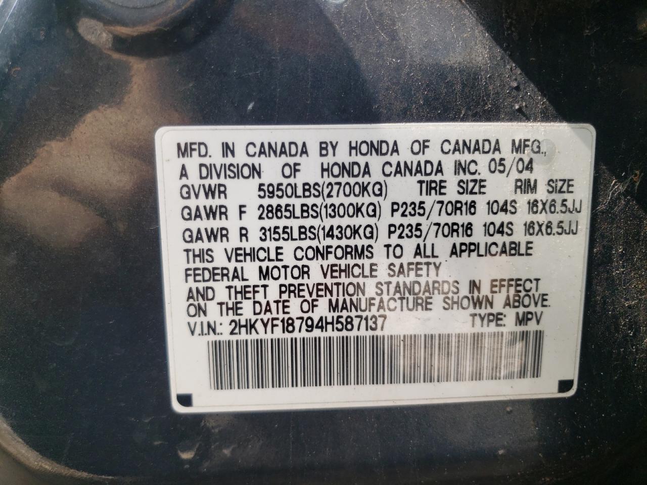 Photo 10 from auction – 2004 HONDA PILOT with VIN 2HKYF18794H587137