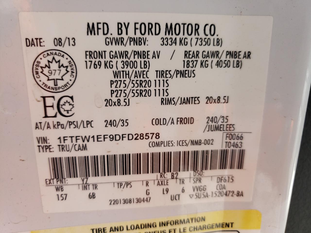 Photo 10 from auction – 2013 FORD F150 SUPER with VIN 1FTFW1EF9DFD28578