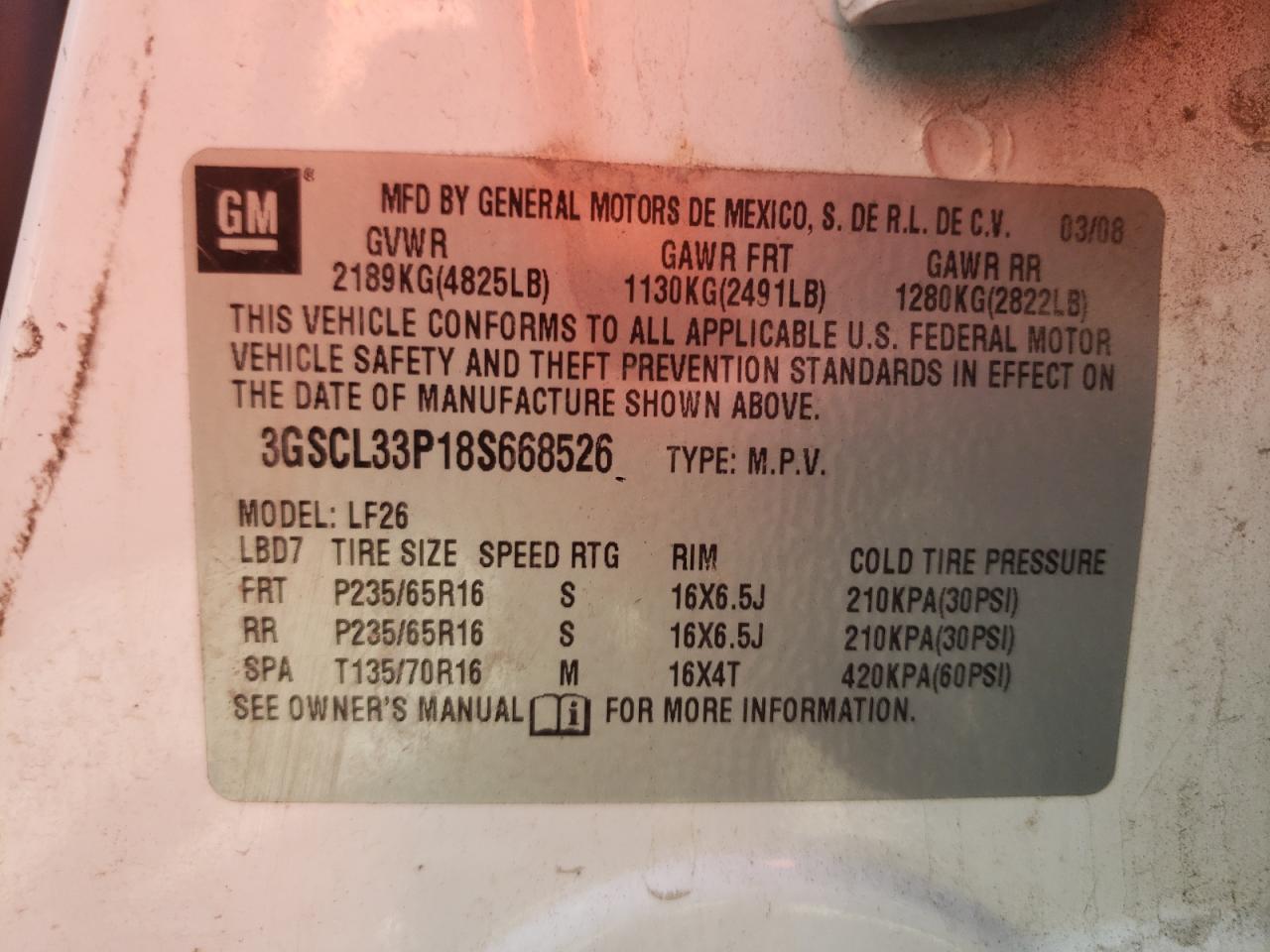 Photo 10 from auction – 2008 SATURN VUE XE with VIN 3GSCL33P18S668526