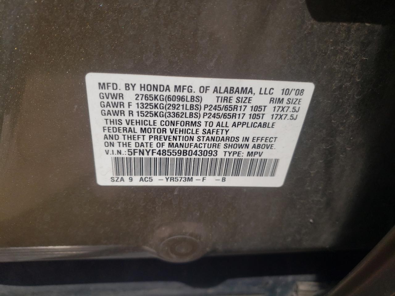Photo 10 from auction – 2009 HONDA PILOT EXL with VIN 5FNYF48559B043093