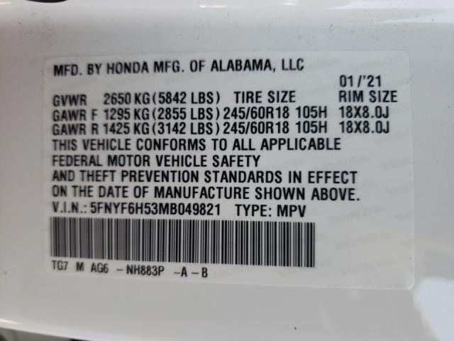 Photo 10 from auction – 2021 HONDA PILOT EXL with VIN 5FNYF6H53MB049821