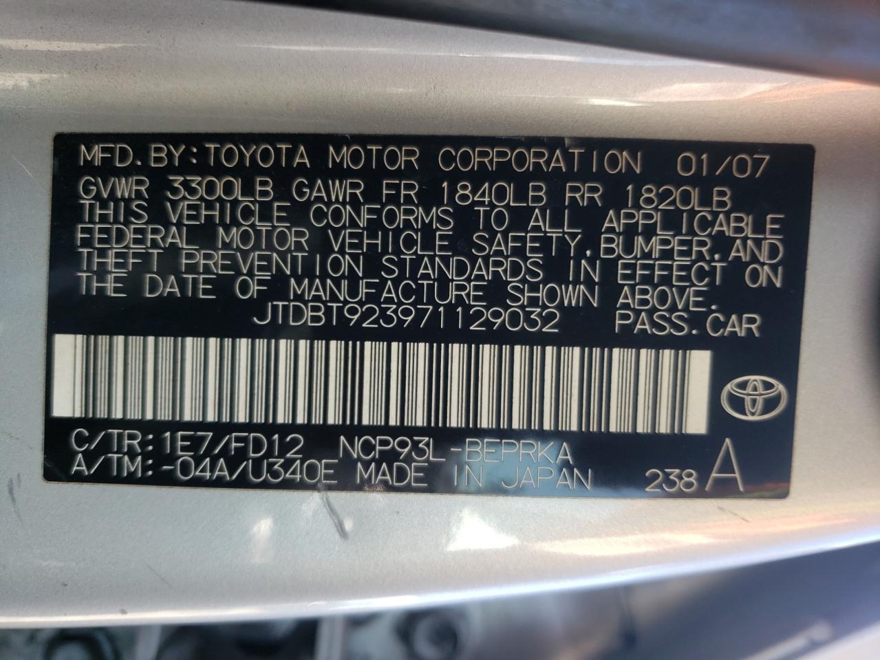Photo 10 from auction – 2007 TOYOTA YARIS with VIN JTDBT923971129032