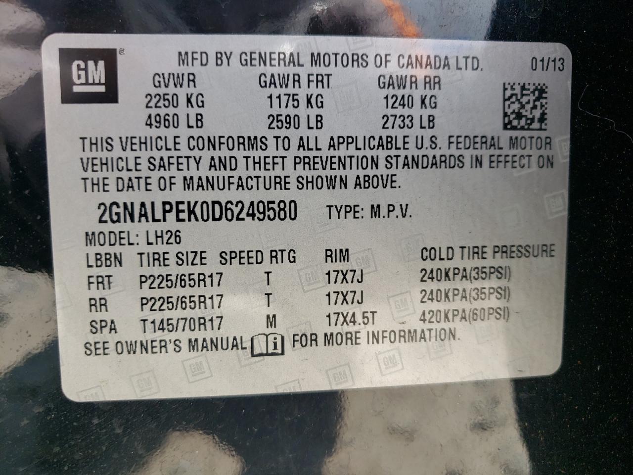 Photo 10 from auction – 2013 CHEVROLET EQUINOX LT with VIN 2GNALPEK0D6249580