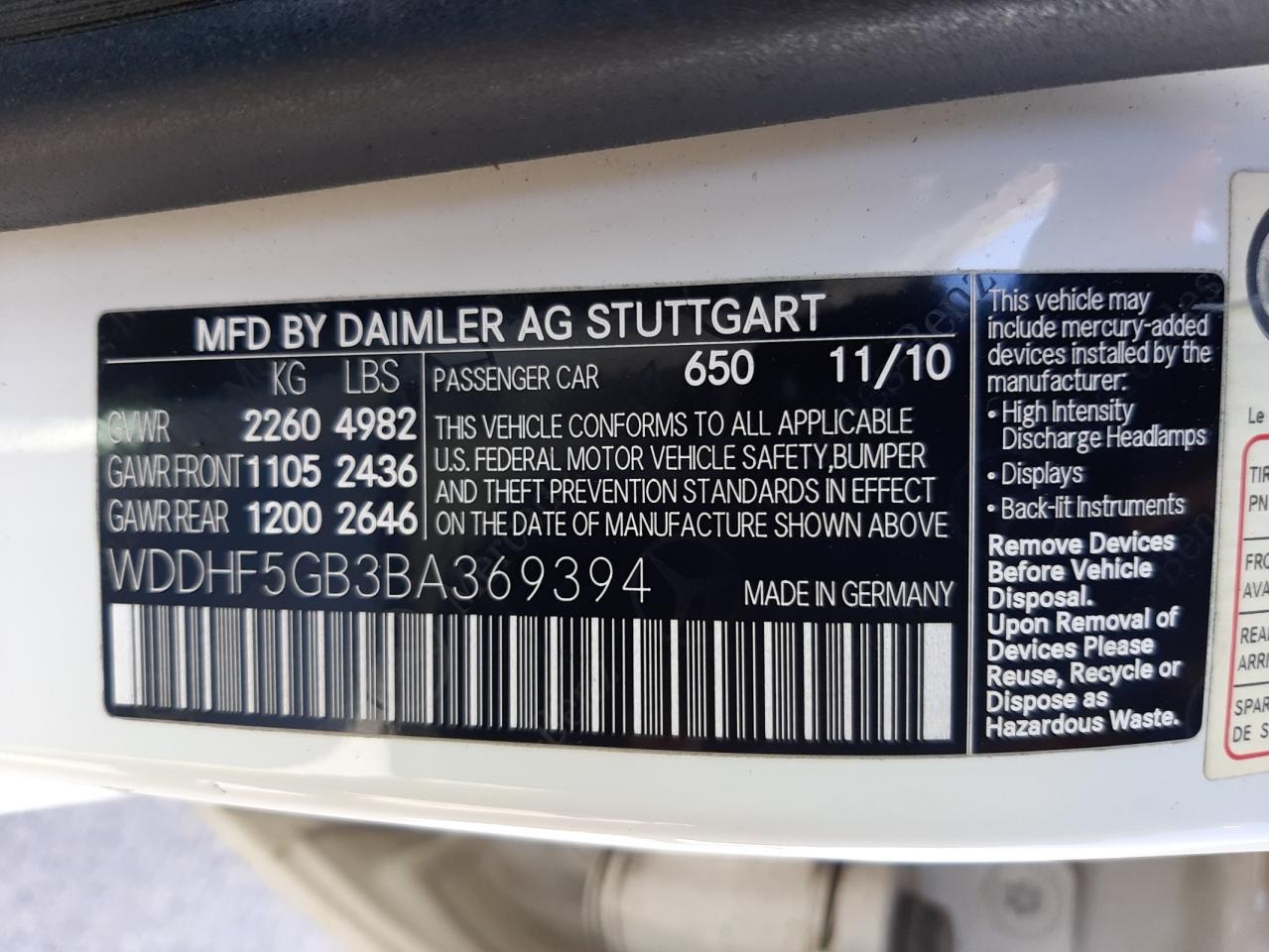 Photo 10 from auction – 2011 MERCEDES-BENZ E 350 with VIN WDDHF5GB3BA369394