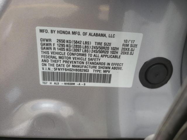 Photo 10 from auction – 2017 HONDA PILOT ELIT with VIN 5FNYF6H02HB082903