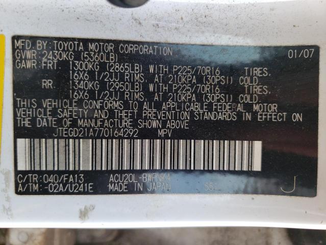 Photo 10 from auction – 2007 TOYOTA HIGHLANDER with VIN JTEGD21A770164292