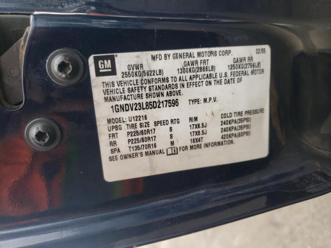 Photo 10 from auction – 2005 CHEVROLET UPLANDER L with VIN 1GNDV23L85D217596