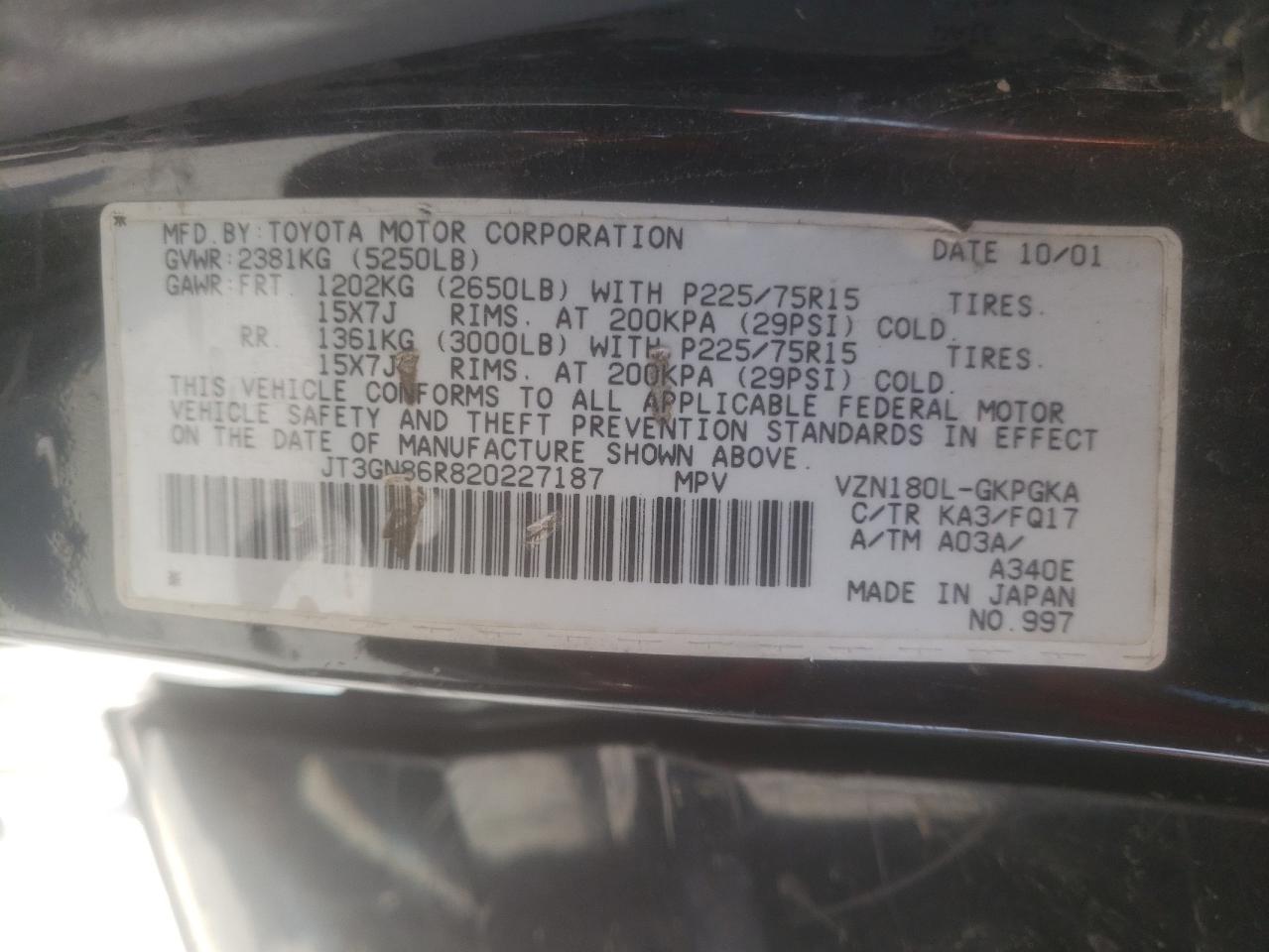 Photo 10 from auction – 2002 TOYOTA 4RUNNER SR with VIN JT3GN86R820227187