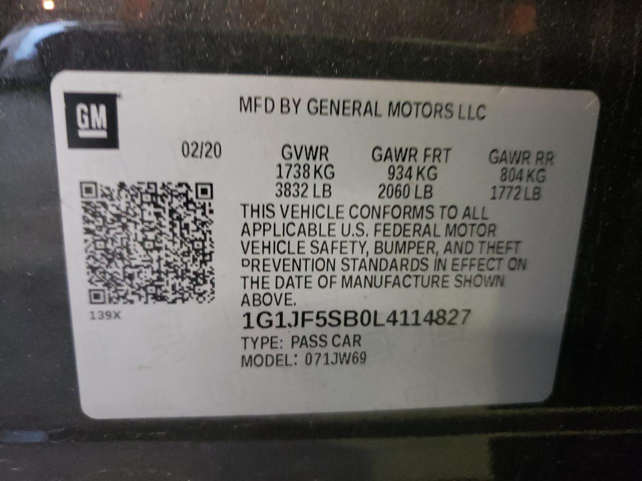 Photo 10 from auction – 2020 CHEVROLET SONIC PREM with VIN 1G1JF5SB0L4114827