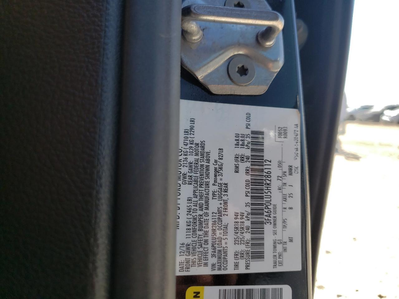 Photo 10 from auction – 2017 FORD FUSION SE with VIN 3FA6P0LU5HR286112
