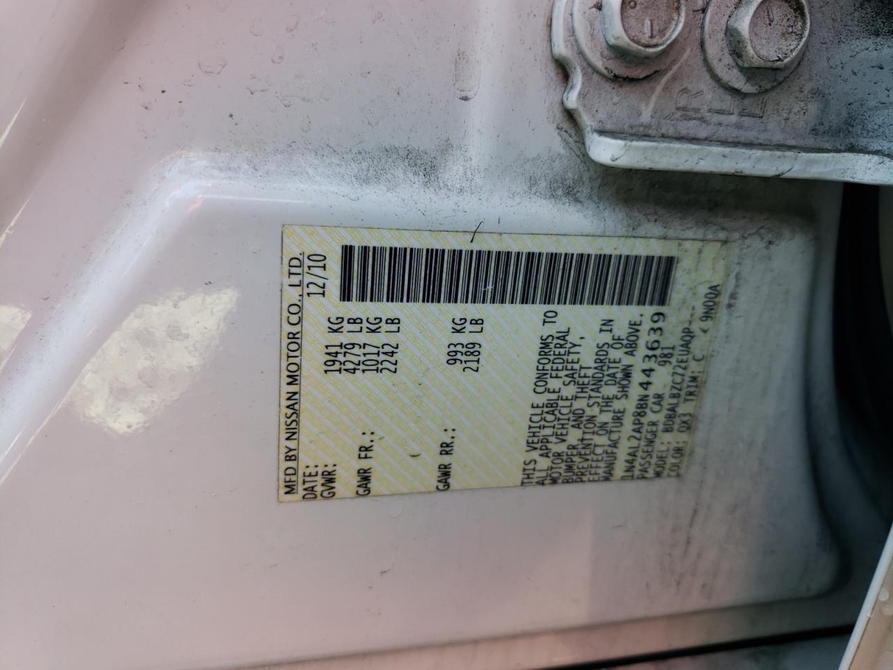Photo 10 from auction – 2011 NISSAN ALTIMA BAS with VIN 1N4AL2AP8BN443639
