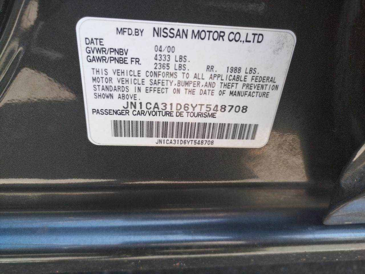 Photo 10 from auction – 2000 NISSAN MAXIMA GLE with VIN JN1CA31D6YT548708