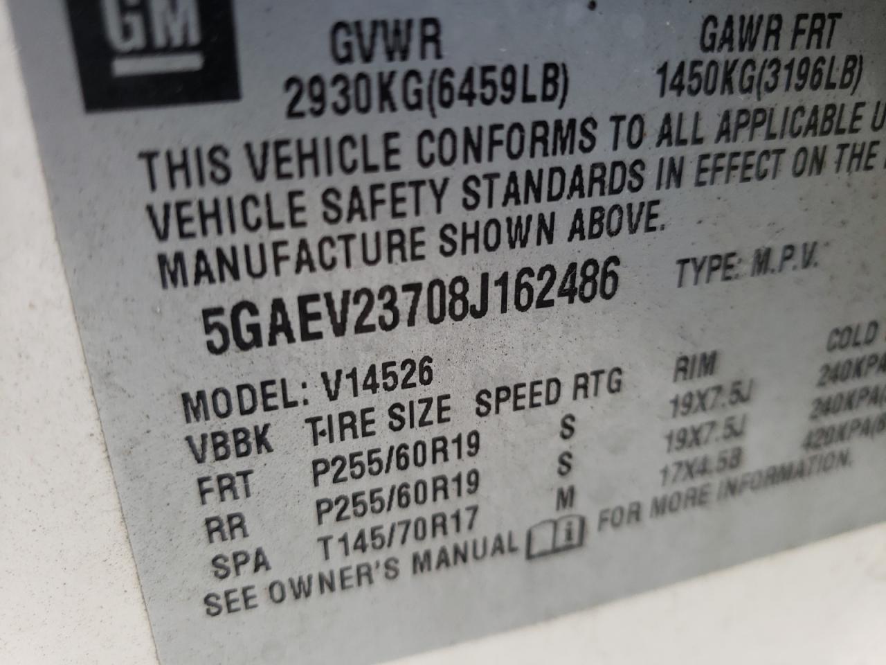 Photo 10 from auction – 2008 BUICK ENCLAVE CX with VIN 5GAEV23708J162486