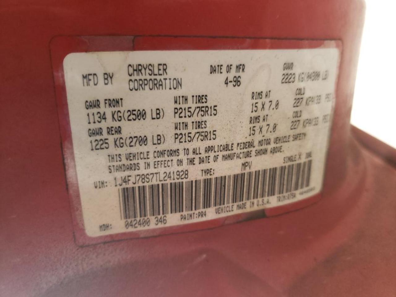 Photo 10 from auction – 1996 JEEP CHEROKEE C with VIN 1J4FJ78S7TL241928