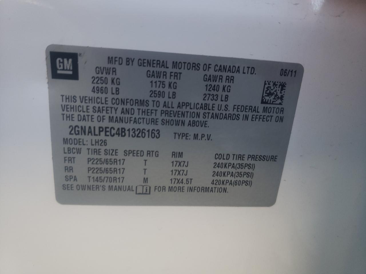 Photo 10 from auction – 2011 CHEVROLET EQUINOX LT with VIN 2GNALPEC4B1326163
