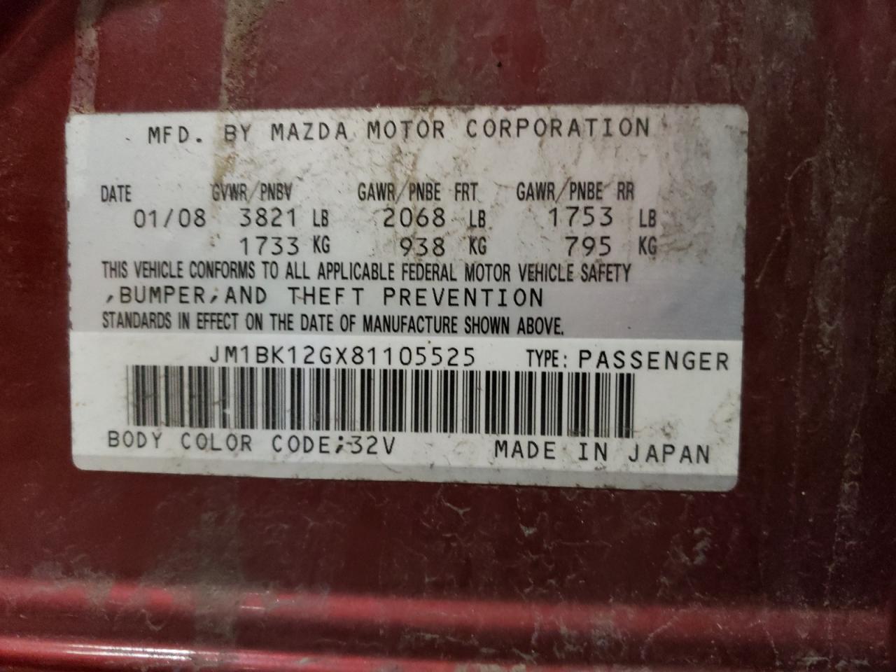 Photo 10 from auction – 2008 MAZDA 3 I with VIN JM1BK12GX81105525