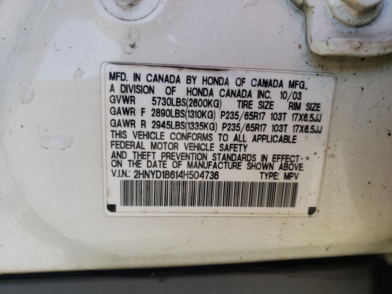 Photo 10 from auction – 2004 ACURA MDX with VIN 2HNYD18614H504736