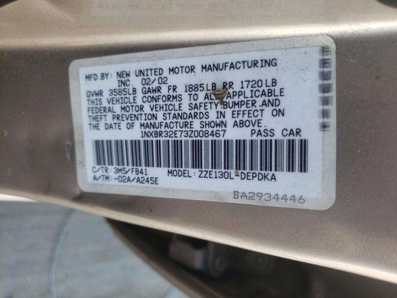 Photo 10 from auction – 2003 TOYOTA COROLLA with VIN 1NXBR32E73Z008467