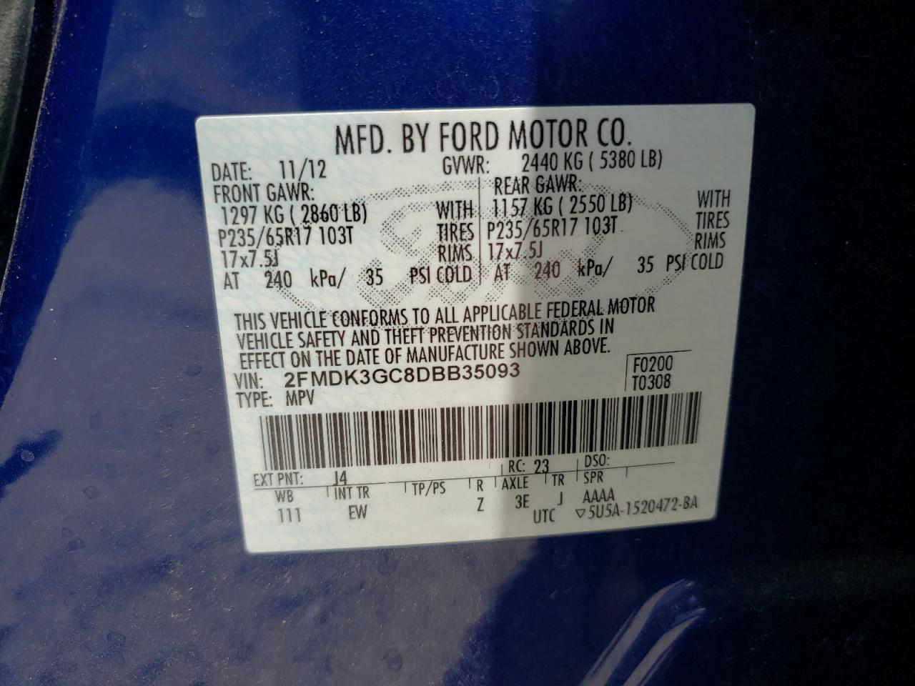 Photo 10 from auction – 2013 FORD EDGE SE with VIN 2FMDK3GC8DBB35093