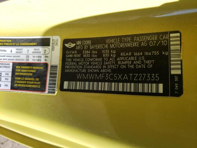 Photo 10 from auction – 2010 MINI COOPER with VIN WMWMF3C5XATZ27335