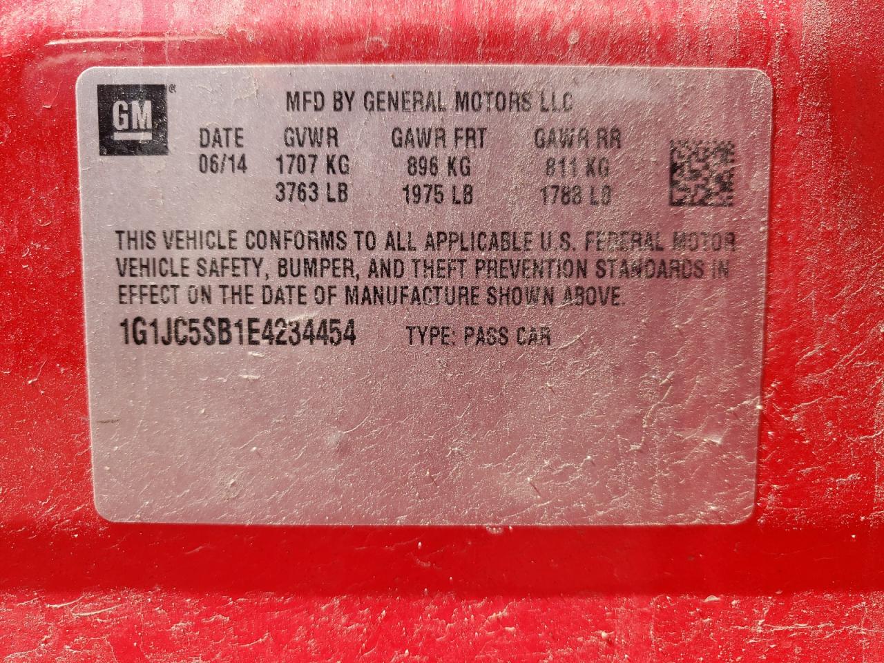 Photo 11 from auction – 2014 CHEVROLET SONIC LT with VIN 1G1JC5SB1E4234454