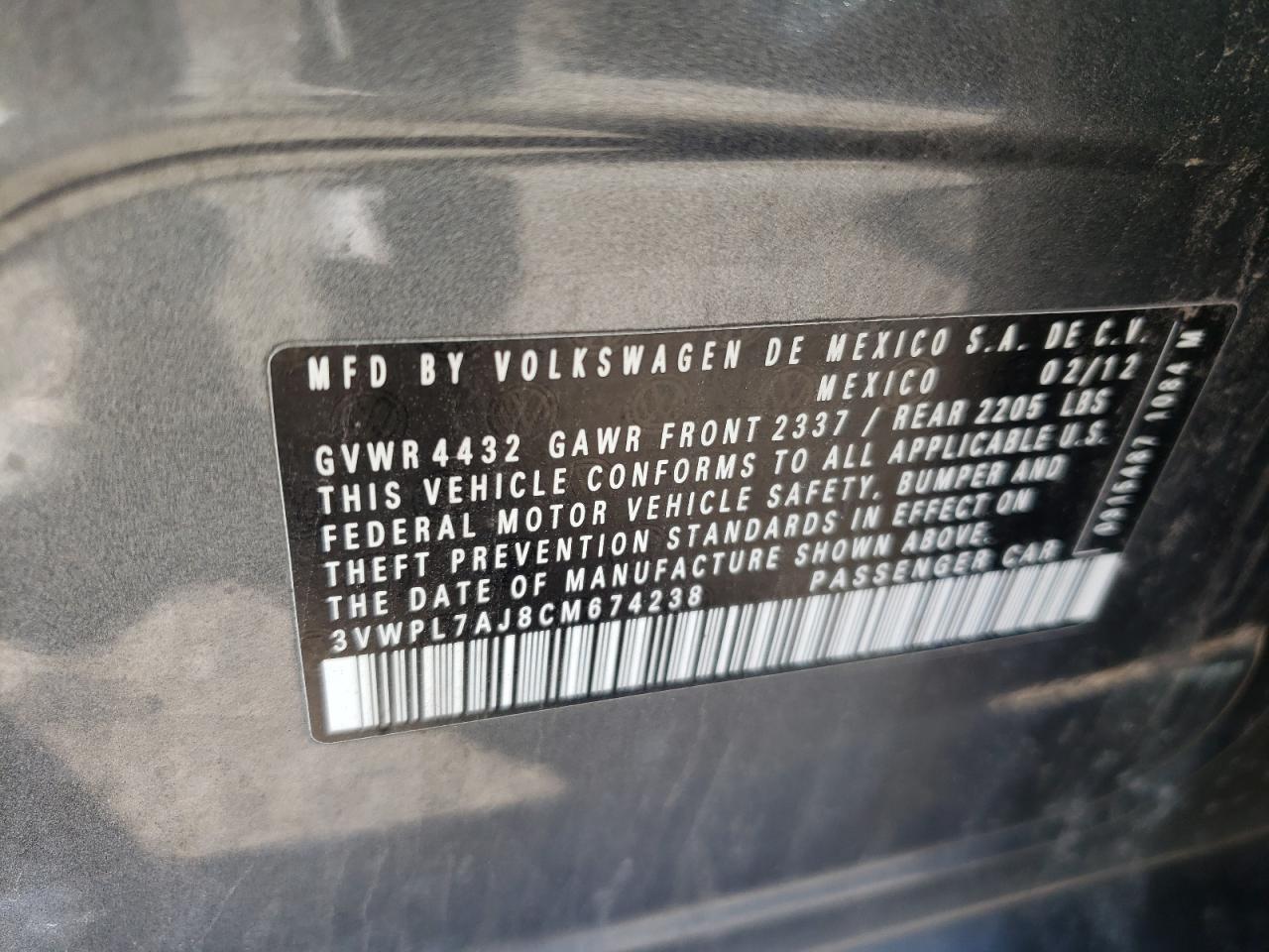 Photo 10 from auction – 2012 VOLKSWAGEN JETTA TDI with VIN 3VWPL7AJ8CM674238