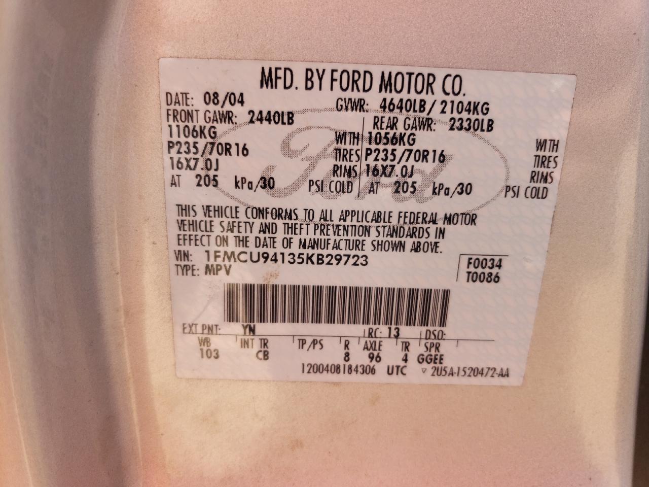 Photo 10 from auction – 2005 FORD ESCAPE LIM with VIN 1FMCU94135KB29723