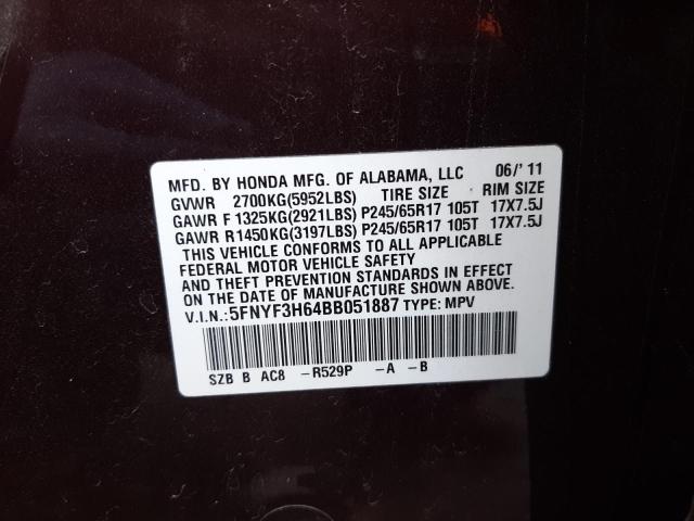 Photo 10 from auction – 2011 HONDA PILOT EXL with VIN 5FNYF3H64BB051887