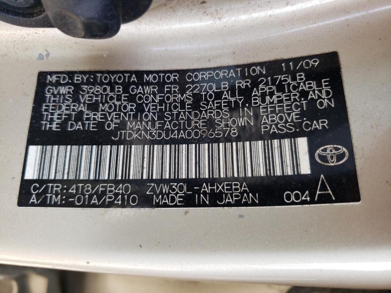 Photo 10 from auction – 2010 TOYOTA PRIUS with VIN JTDKN3DU4A0096578