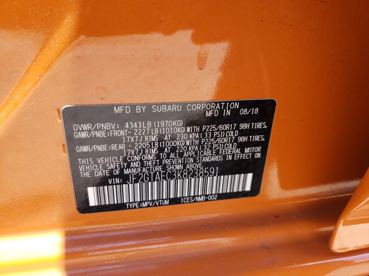 Photo 10 from auction – 2019 SUBARU CROSSTREK with VIN JF2GTAEC3K8238591