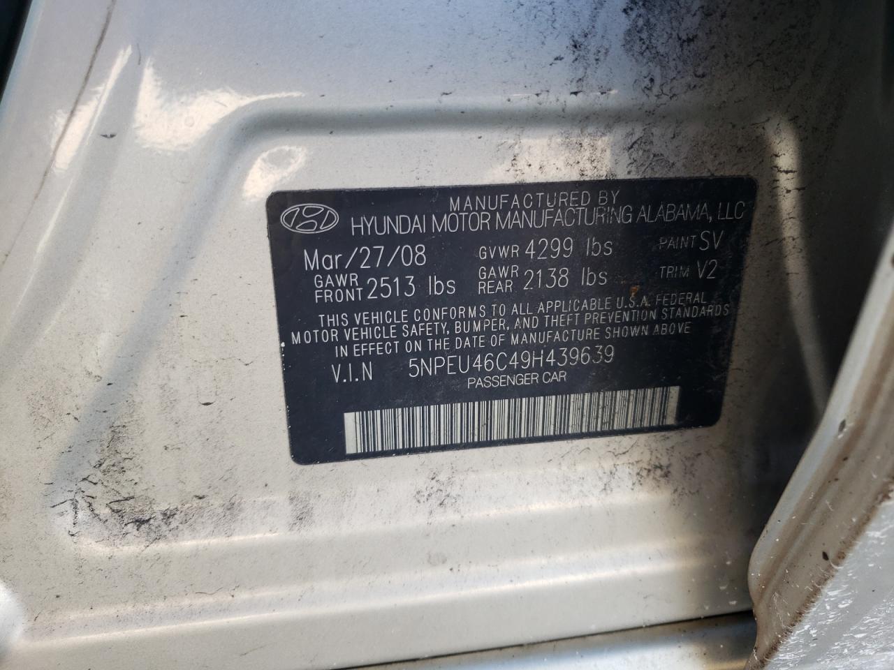 Photo 10 from auction – 2009 HYUNDAI SONATA SE with VIN 5NPEU46C49H439639
