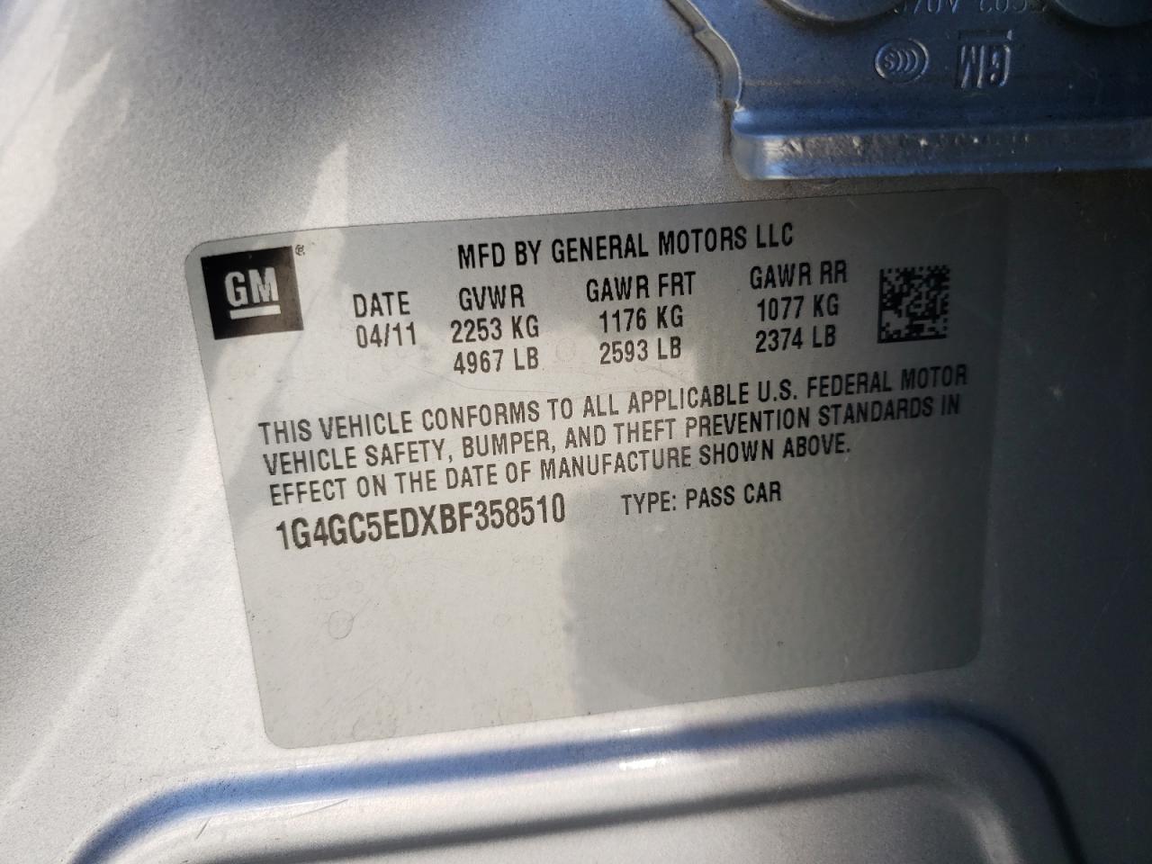 Photo 10 from auction – 2011 BUICK LACROSSE C with VIN 1G4GC5EDXBF358510