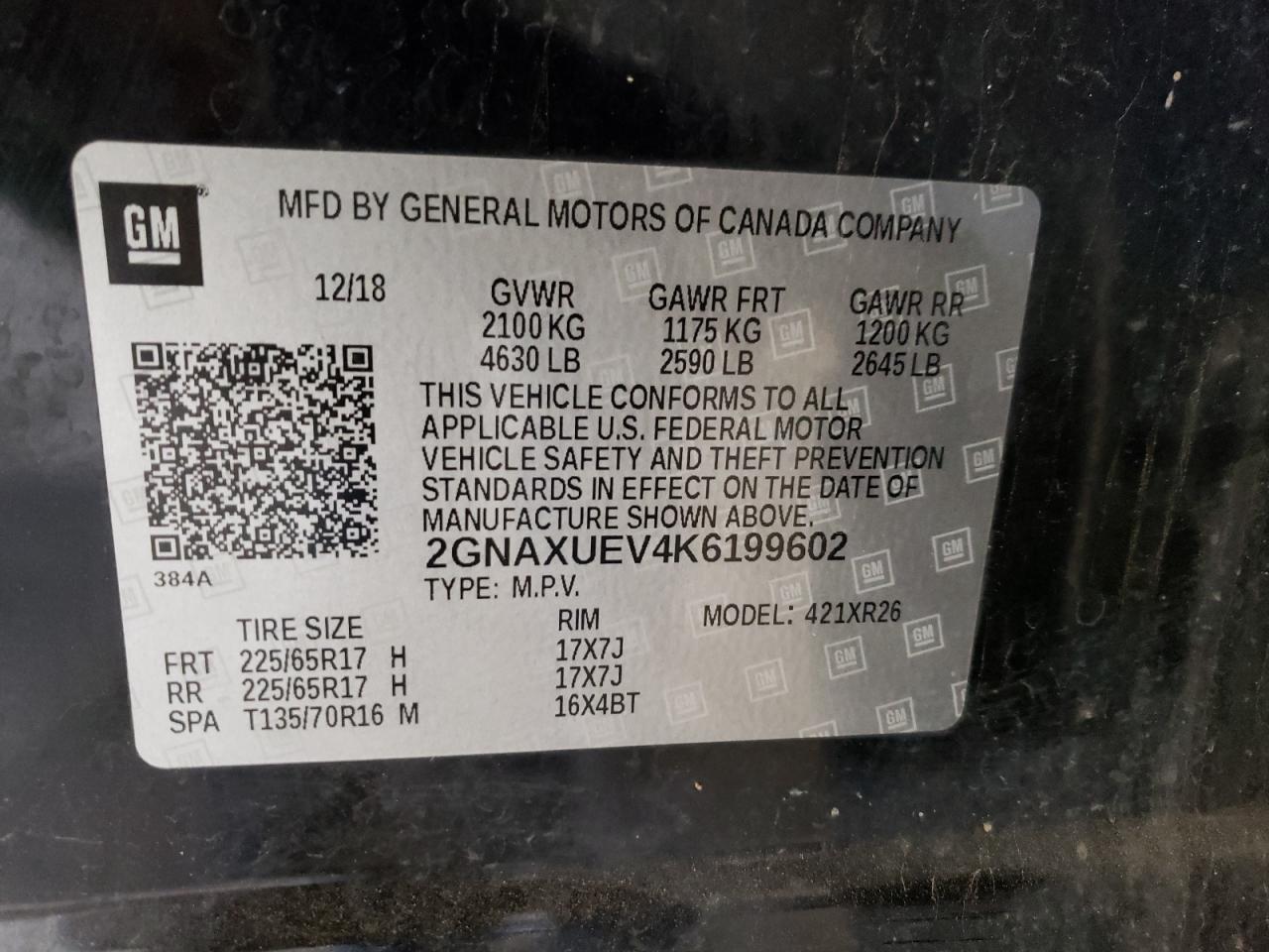 Photo 10 from auction – 2019 CHEVROLET EQUINOX LT with VIN 2GNAXUEV4K6199602