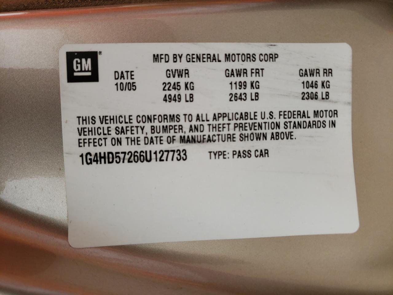 Photo 10 from auction – 2006 BUICK LUCERNE CX with VIN 1G4HD57266U127733