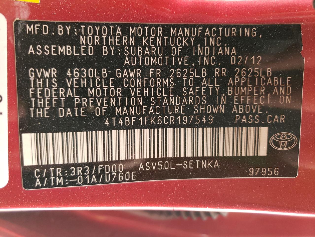 Photo 10 from auction – 2012 TOYOTA CAMRY BASE with VIN 4T4BF1FK6CR197549