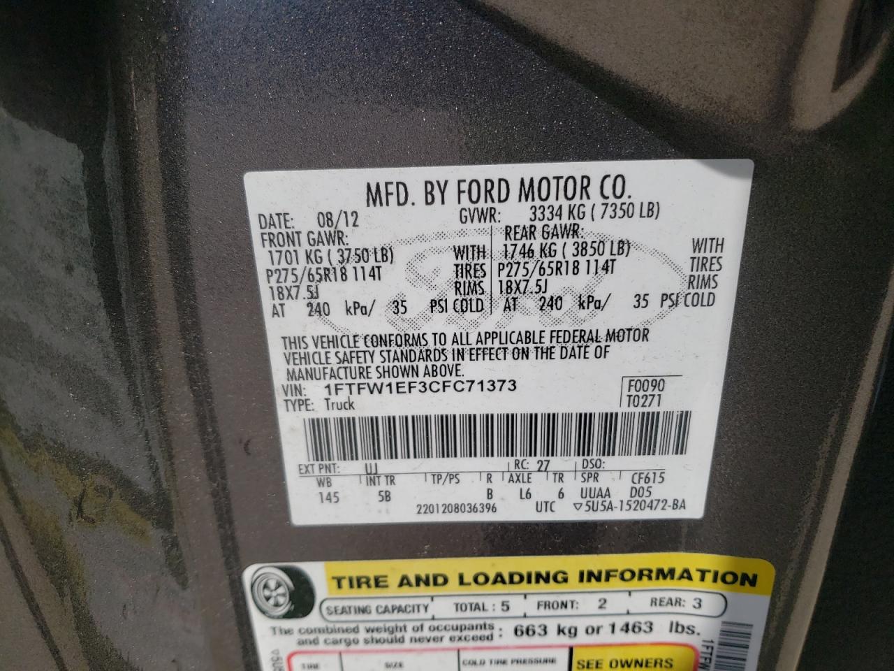 Photo 10 from auction – 2012 FORD F150 SUPER with VIN 1FTFW1EF3CFC71373