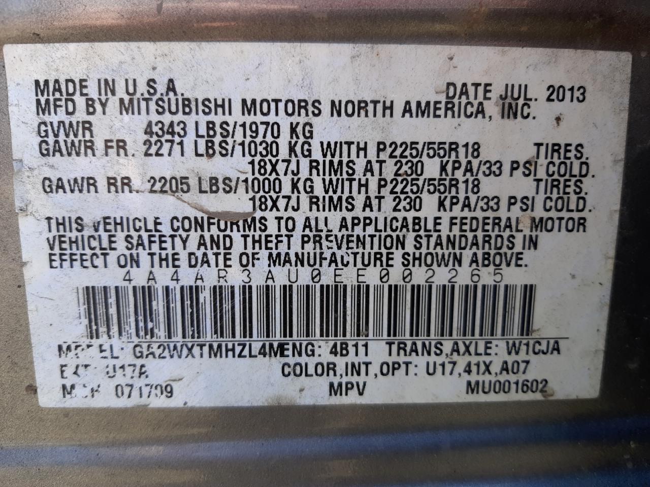 Photo 10 from auction – 2014 MITSUBISHI OUTLANDER with VIN 4A4AR3AU0EE002265